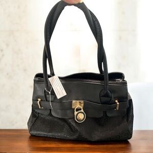 Black Canvas Faux Leather Shoulder Bag Gold Hardware NWOT Tote Purse OS‎